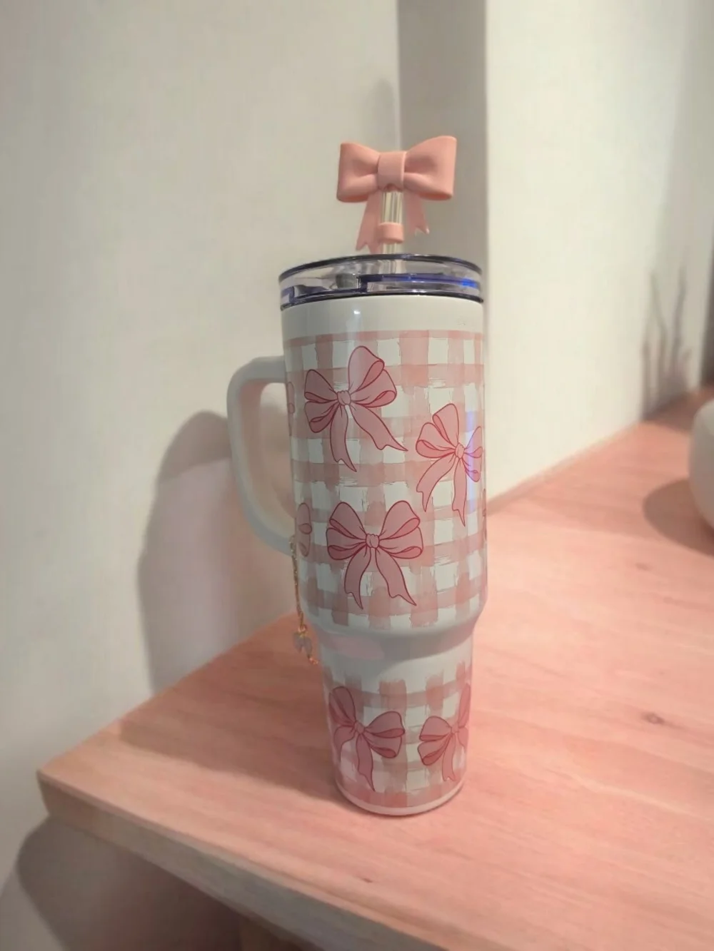 Pink Bow Check Insulated Travel Mug with Handle and Straw